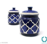 Handcrafted Morrocon Ceramic Achar Pickle Jar/Barni with Lid - Blue, Ceramic